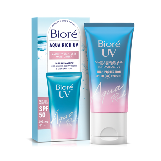 Bioré Aqua Rich SPF50 sólarvörn fyrir feita húð. Gefur húðinni ljóma áferð.