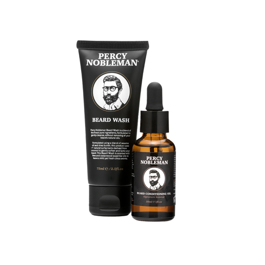 Skegg sett fyrir herra frá Percy Nobleman með  skegghreinsi í ferðastærð (75 ml) og skeggolíu (30 ml)