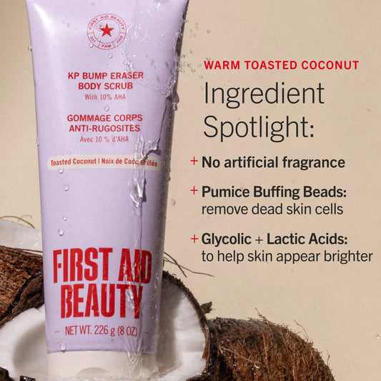 First Aid Beauty KP Bump Eraser Body Scrub with coconut pieces on a beige background