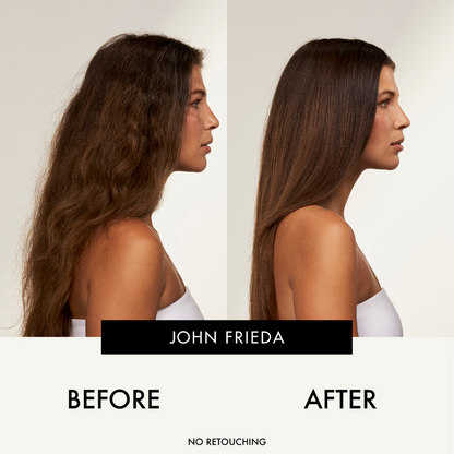 Before and after comparison of a woman's hair with John Frieda branding.