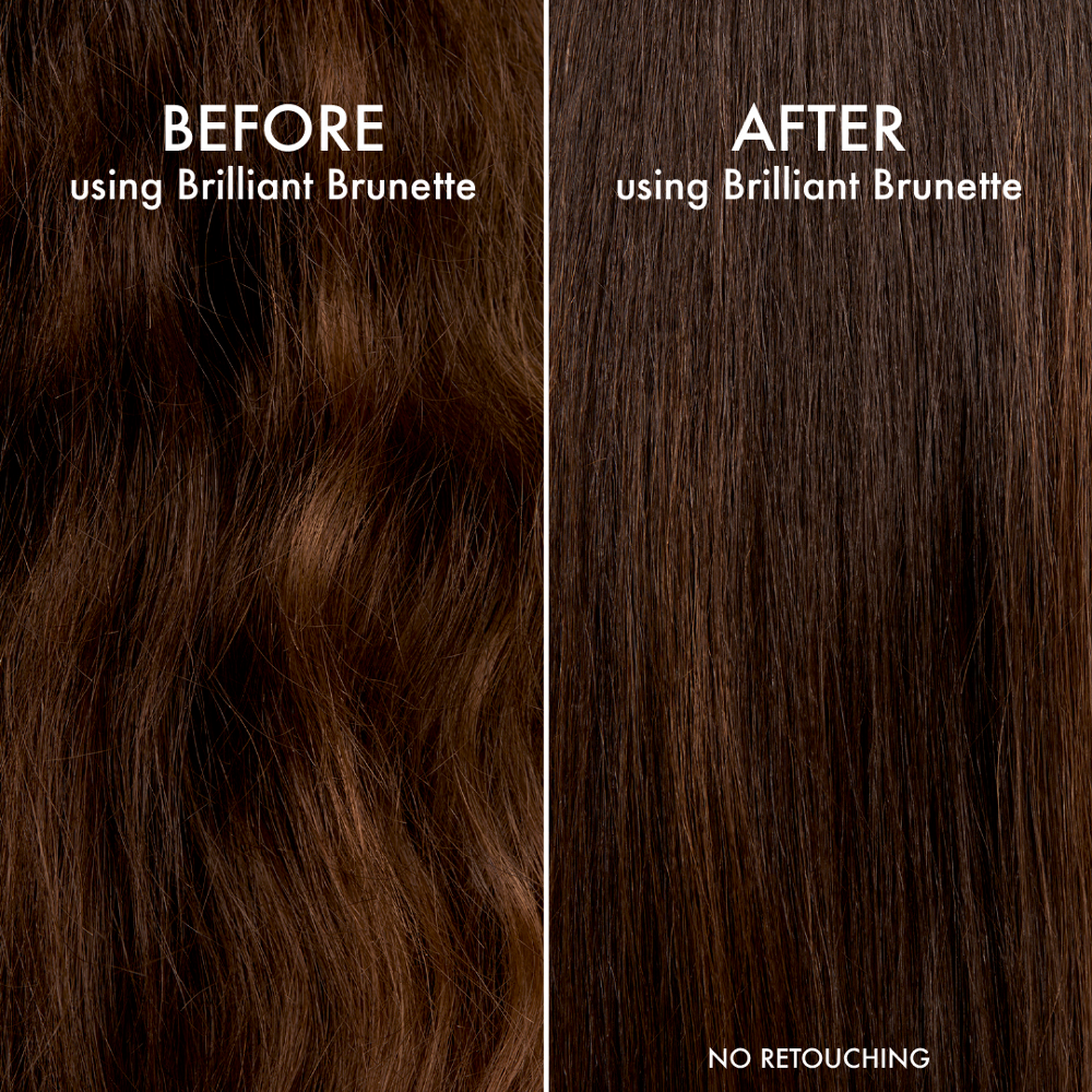 Before and after comparison of hair color using Brilliant Brunette, with no retouching.