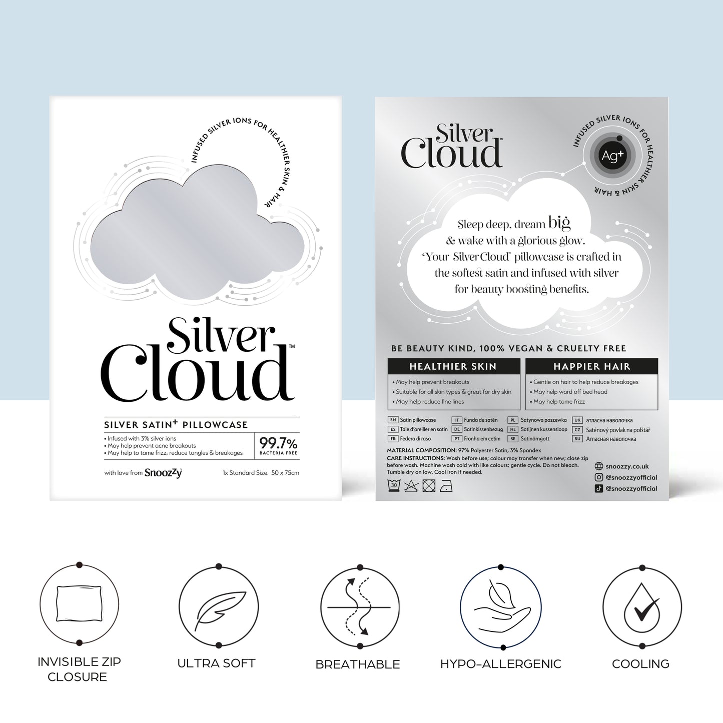 Satín silki koddaver frá Silver Cloud sem hrindir frá sér bakteríum