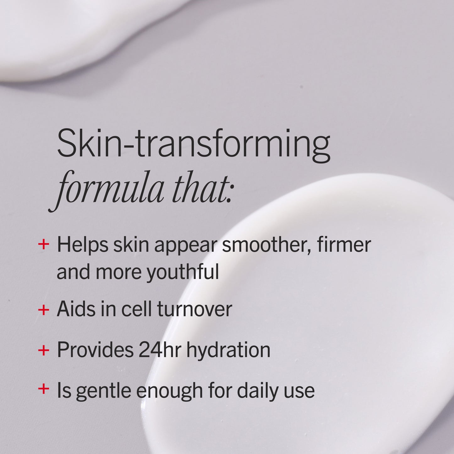 Product packaging with text highlighting skin-transforming benefits on a gray background
