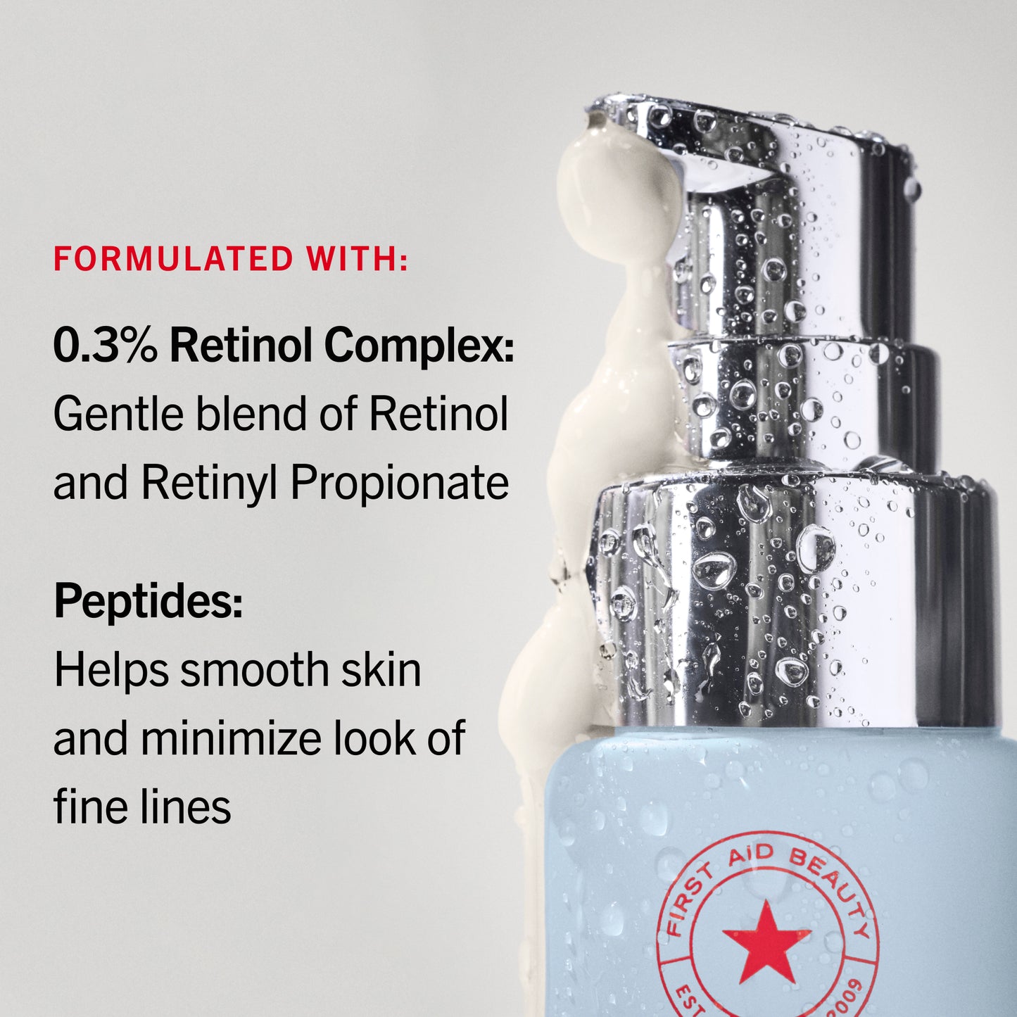 Skincare product with text about retinol complex and peptides on a light gray background