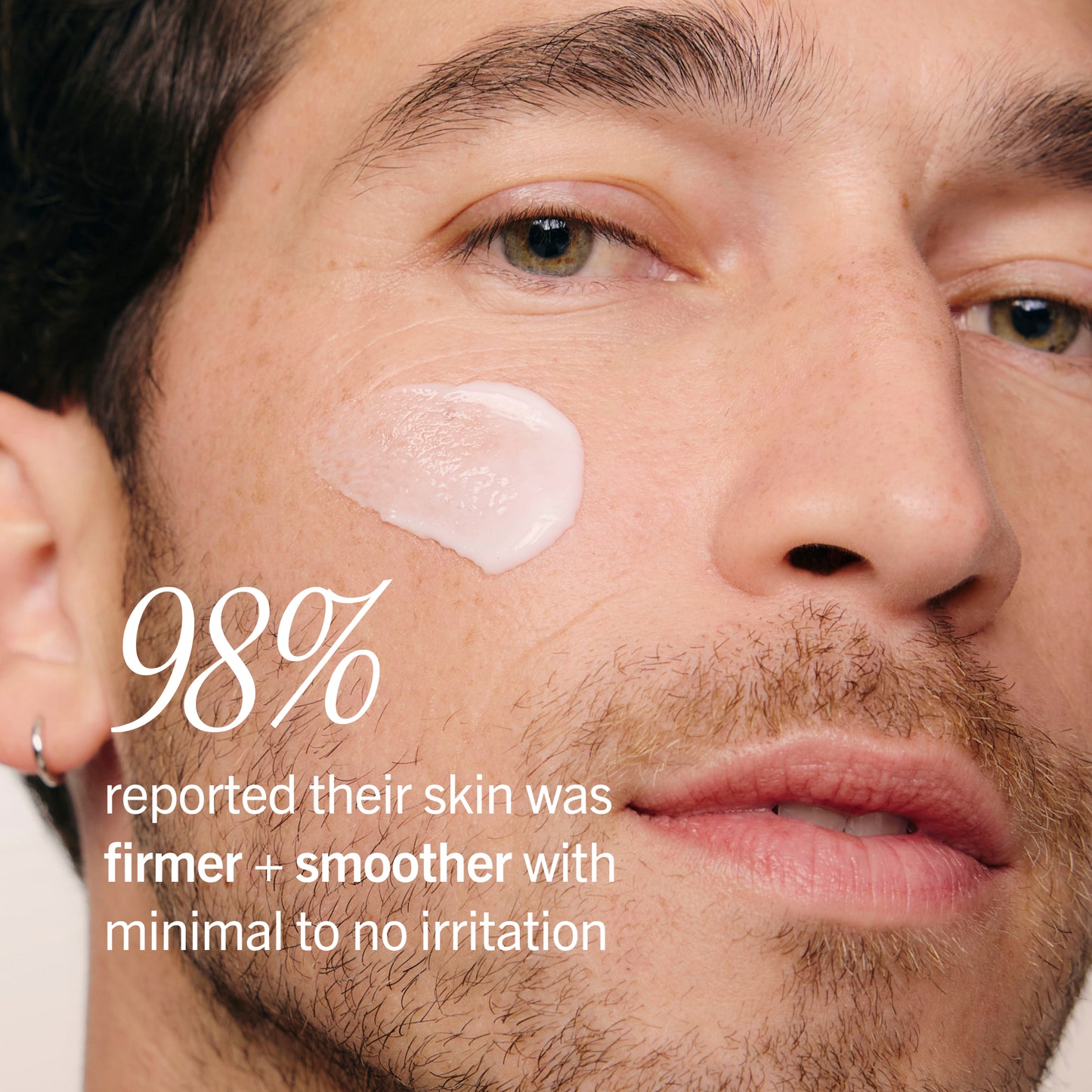 Close-up of a man's face with skincare product on his cheek, text indicating skin improvement results.