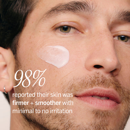 Close-up of a man's face with skincare product on his cheek, text indicating skin improvement results.