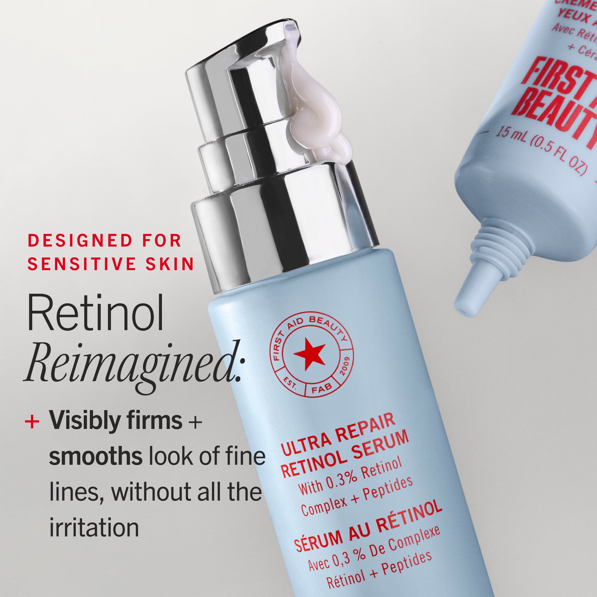 Retinol serum bottle with text highlighting benefits on a light background