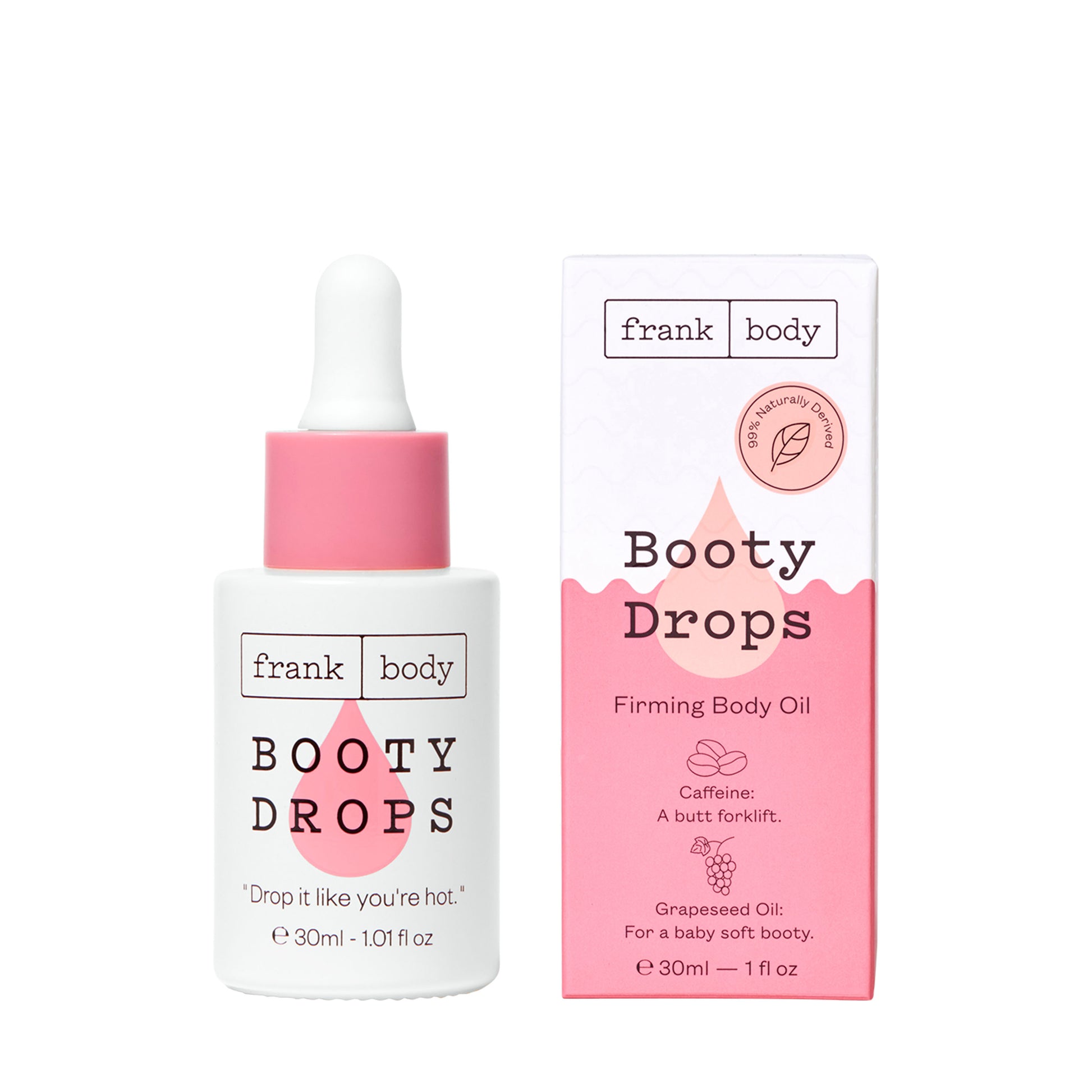 Frank Body Booty Drops firming body oil with packaging on a white background