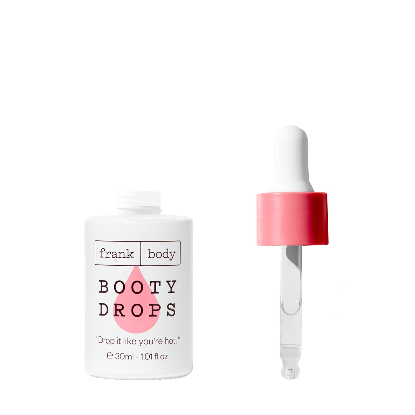 Frank Body Booty Drops product with dropper on a white background