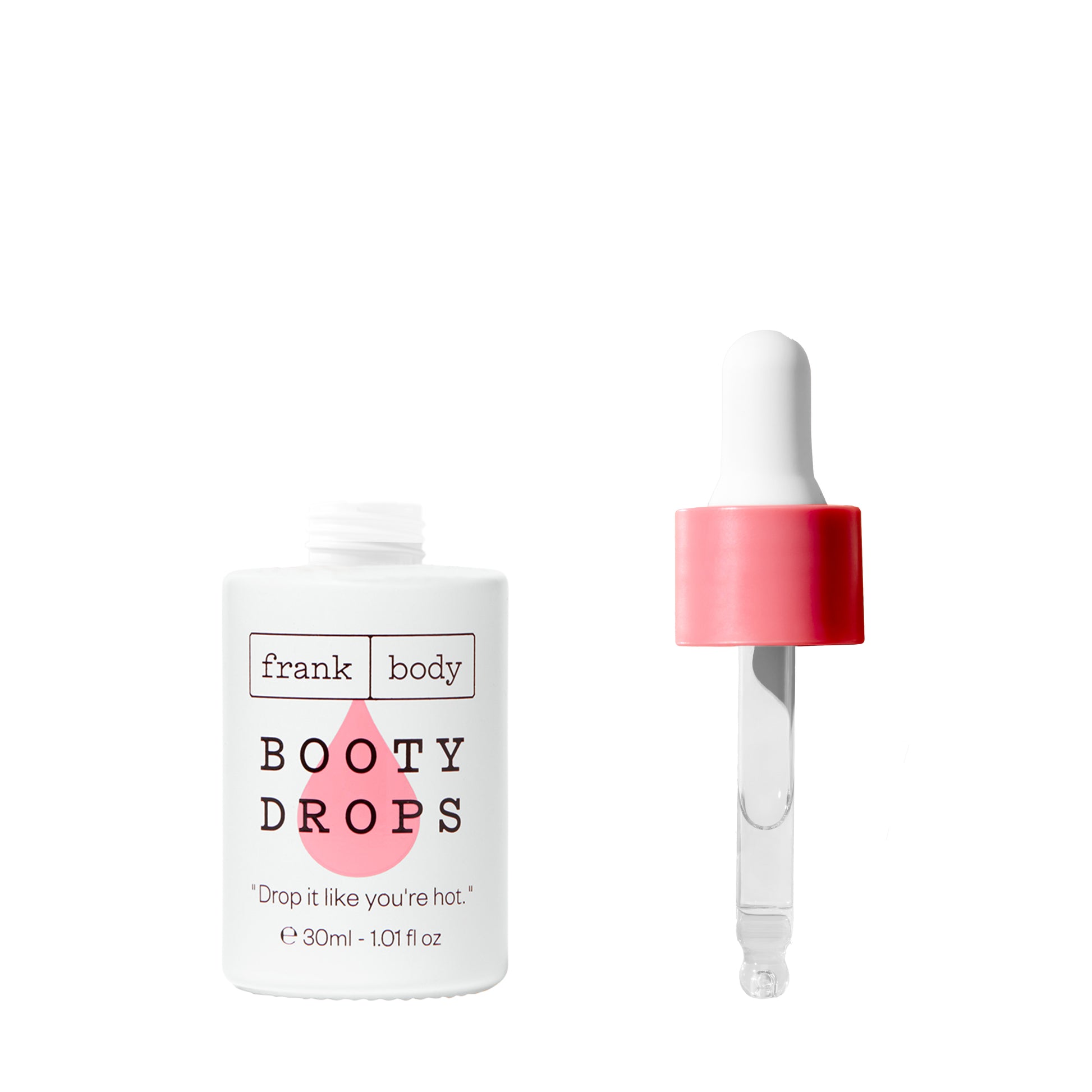 Frank Body Booty Drops product with dropper on a white background