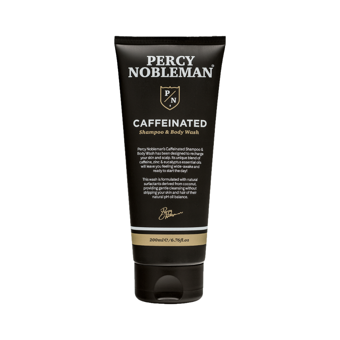Percy Nobleman koffín sjampó og sturtugel fyrir herra. 200 ml, Vegan, cruelty-free. Með koffín, sink og eucalyptus ilmkjarnaolíu.
