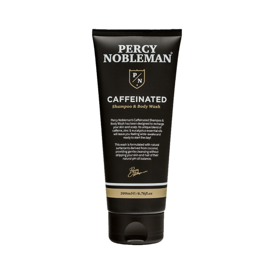 Percy Nobleman koffín sjampó og sturtugel fyrir herra. 200 ml, Vegan, cruelty-free. Með koffín, sink og eucalyptus ilmkjarnaolíu.