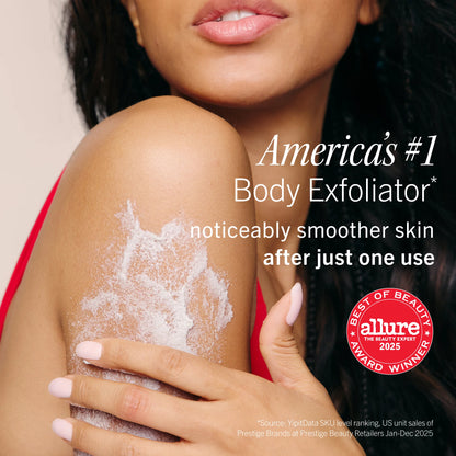 Woman applying body exfoliator with text claiming it's America's #1 body exfoliator and winner of Allure Best of Beauty award.