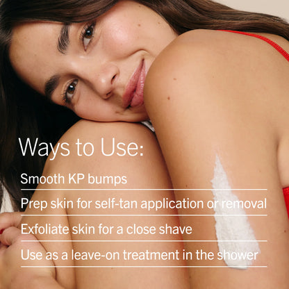 Woman with smooth skin and text on how to use a kp bump eraser