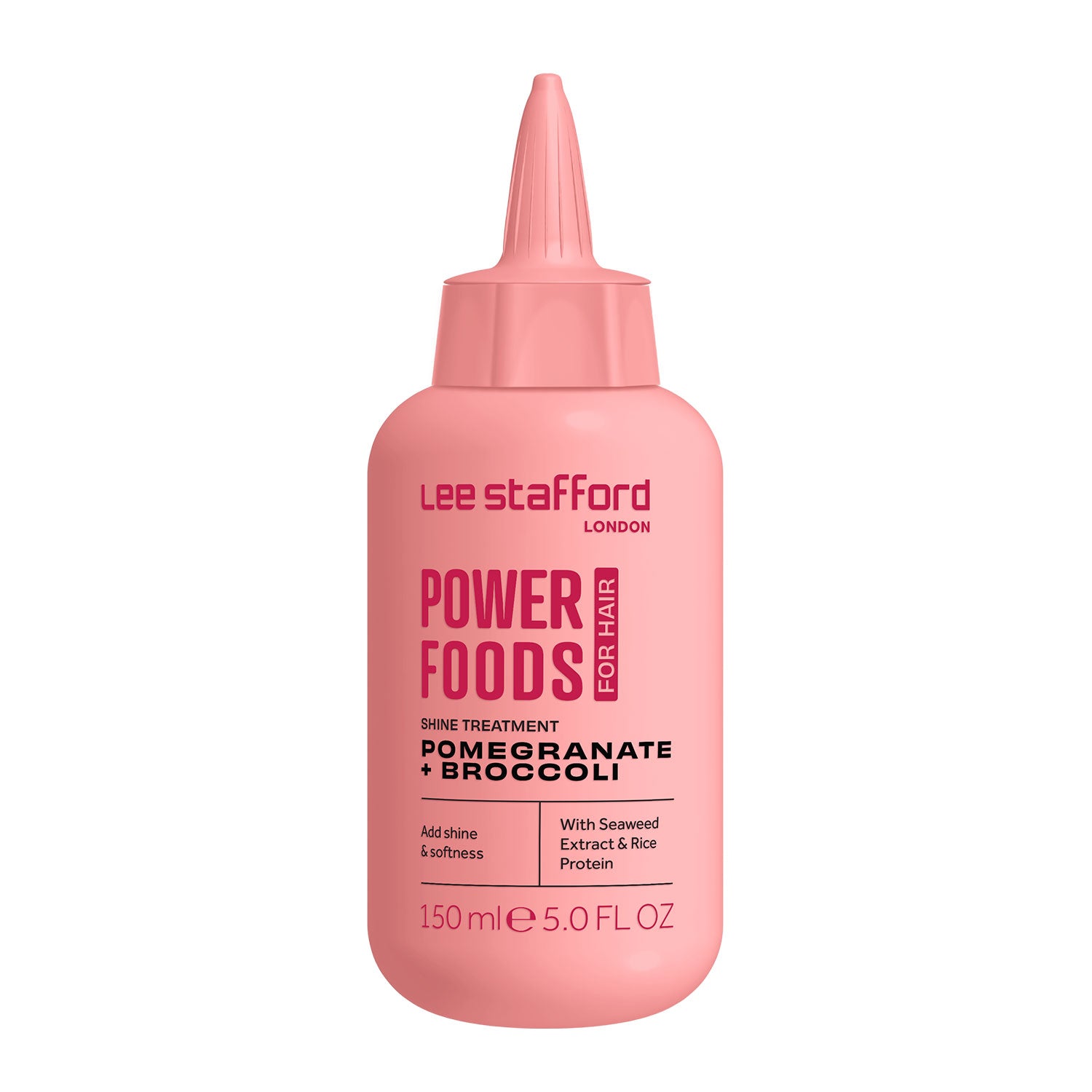 Pink bottle of Lee Stafford Power Foods hair treatment on a white background