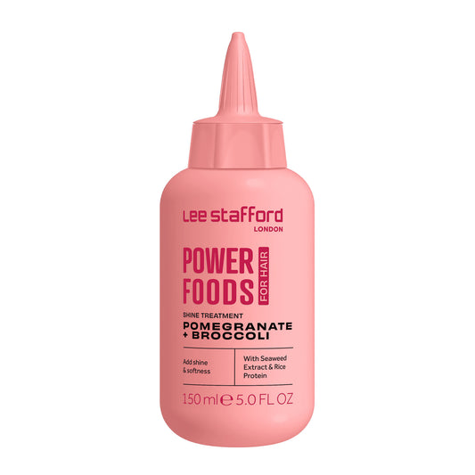 Pink bottle of Lee Stafford Power Foods hair treatment on a white background