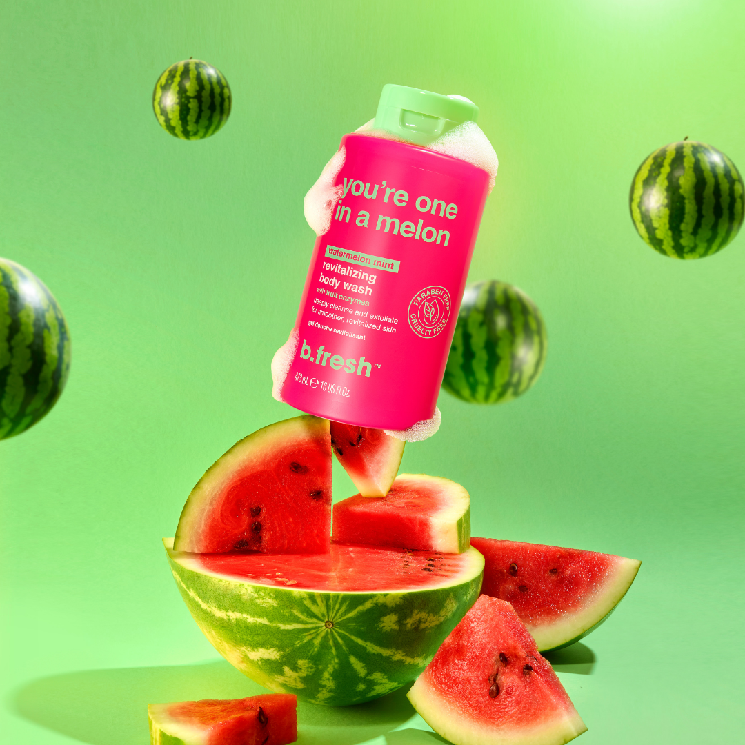 b.fresh body wash bottle with watermelons on a green background